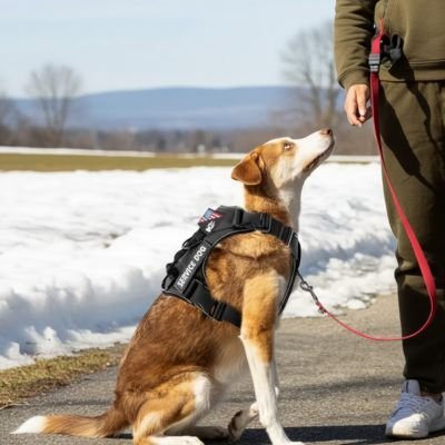 Harnais chien-chien-avec-harnais-assis-devant-maitre 