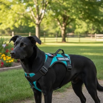 Harnais chien-chien-noir-avec-harnais-bleu