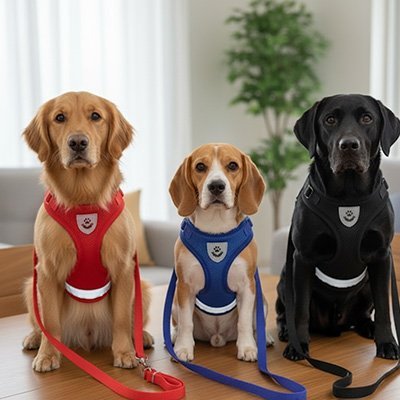 Harnais chien/3-chien-avec-harnais-differente-couleur